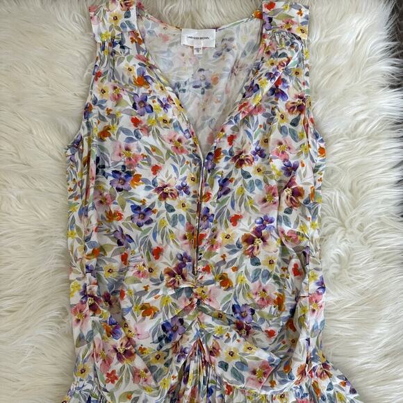 Lavender Brown Womens Cocktail Party Dress Size XS Wedding Guest Floral Ruffle - Picture 3 of 5